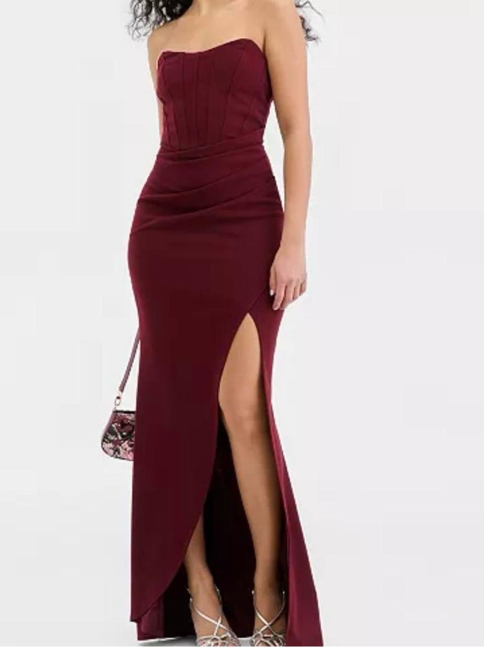 Emerald Sundae Strapless Burgundy High-Slit Evening Gown